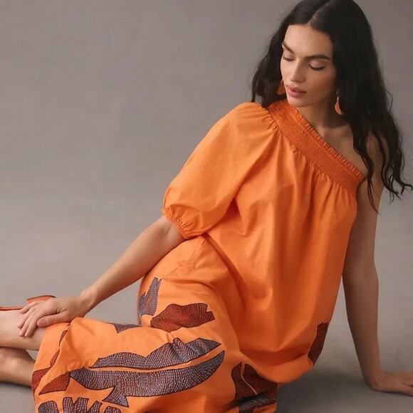 Anthropologie Maeve One-Shoulder Embroidered Maxi Dress Size M petite - Picture 4 of 8